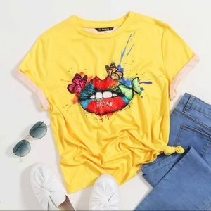 Shein New XL yellow Mouth and butterfly print top xl